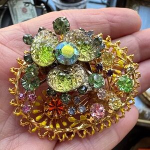 Vintage Austrian Gold Floral Crystal Brooch with Multicolor Stones